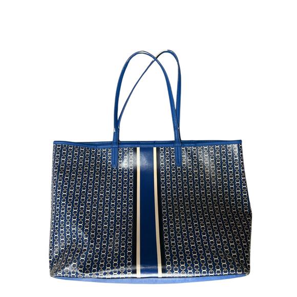Tory Burch Gemini Link Tote Cobalt Blue Chain Print Bag Wear on Handles - Picture 2 of 6